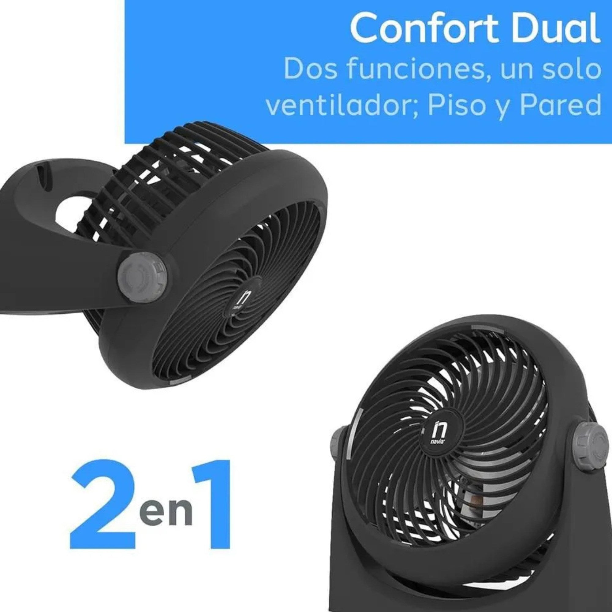 Ventilador Turbo 2 en 1 Navia – Piso y Pared | Inclinación 360° | Compacto y Potente