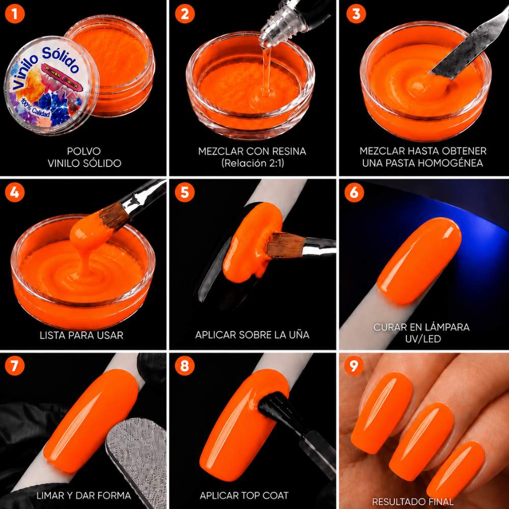 Vinilo Sólido en Polvo Power Color Naranja Fluorescente Acrílico – 16 g (6)
