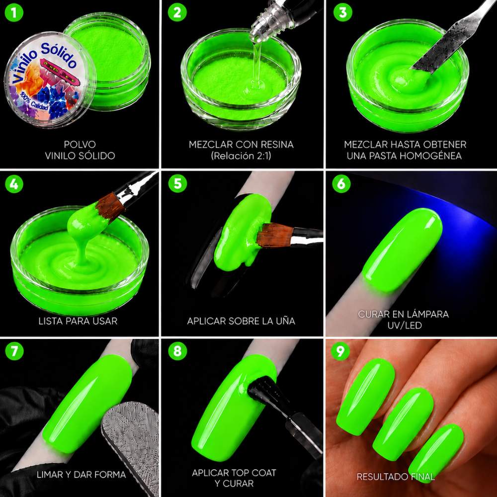Vinilo Sólido en Polvo Power Color Verde Fluorescente Acrílico – 16 g (4)