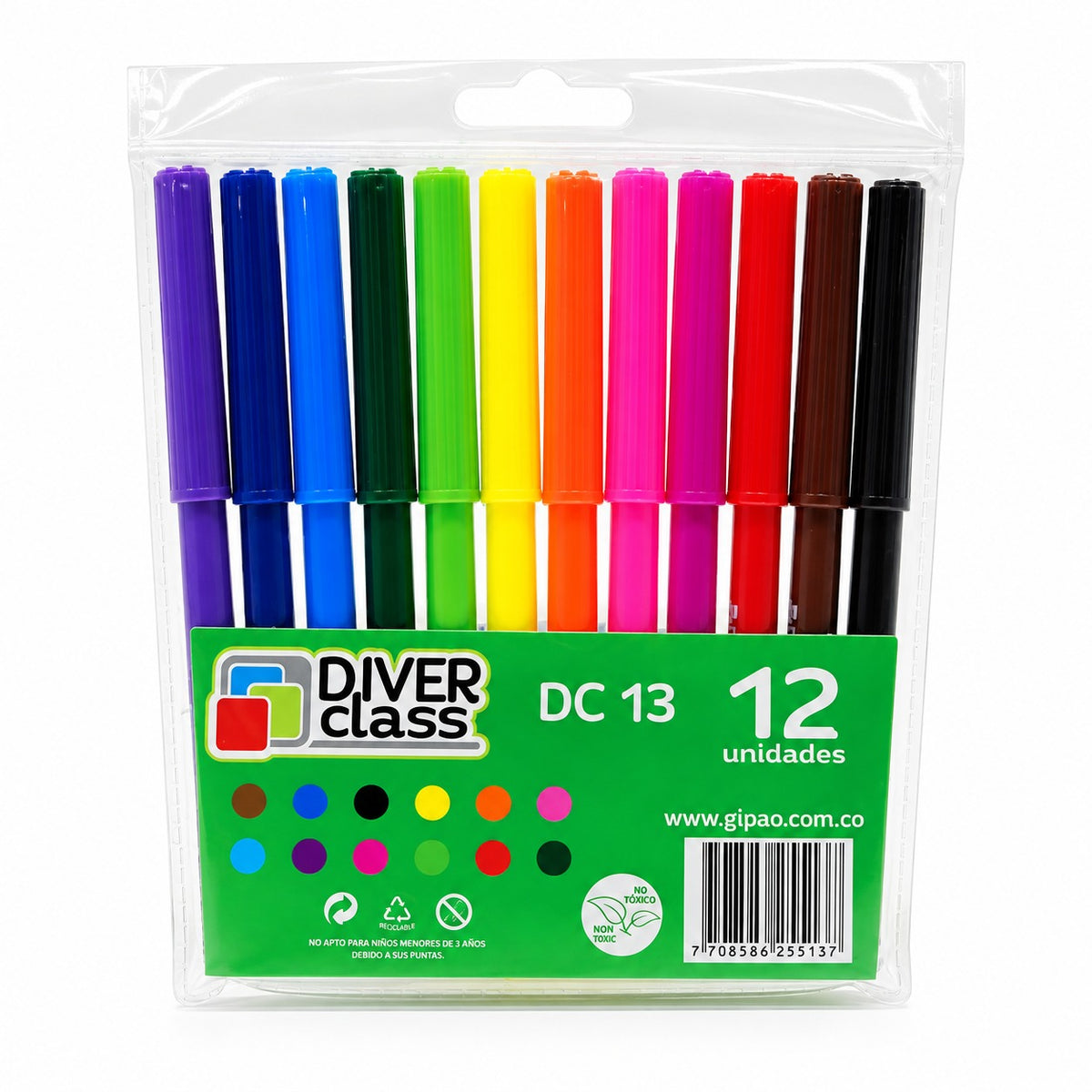 Plumones Diver Class / Gipao X12 Delgados | Marcadores de Colores para Escritura, Dibujo y Escolar