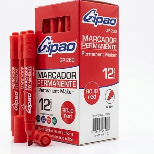 Marcador Permanente Rojo Gipao GP 280 con punta biselada