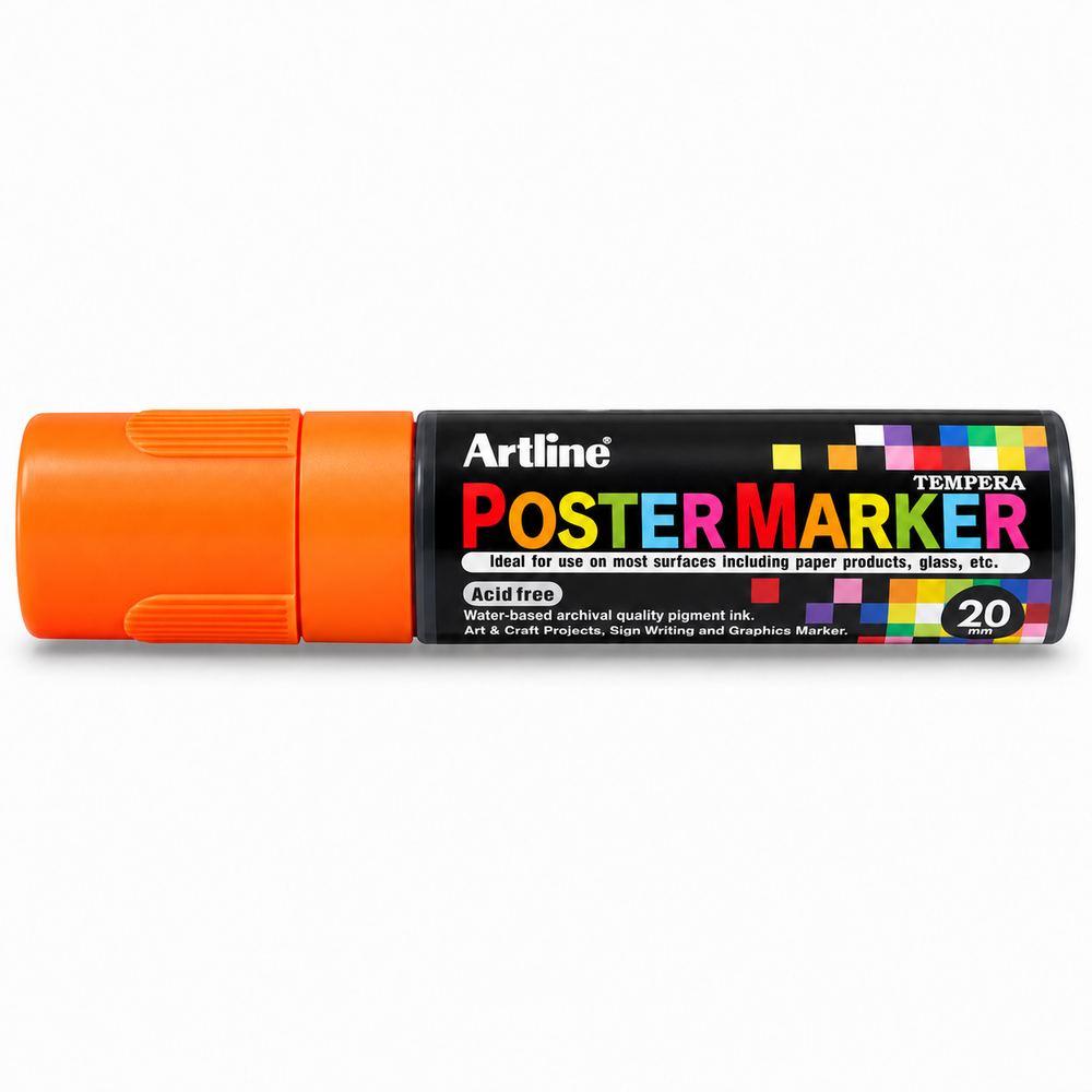 Imagen referencial editada de un marcador Artline Poster Marker EPP-20 naranja fluorescente de 20 mm.