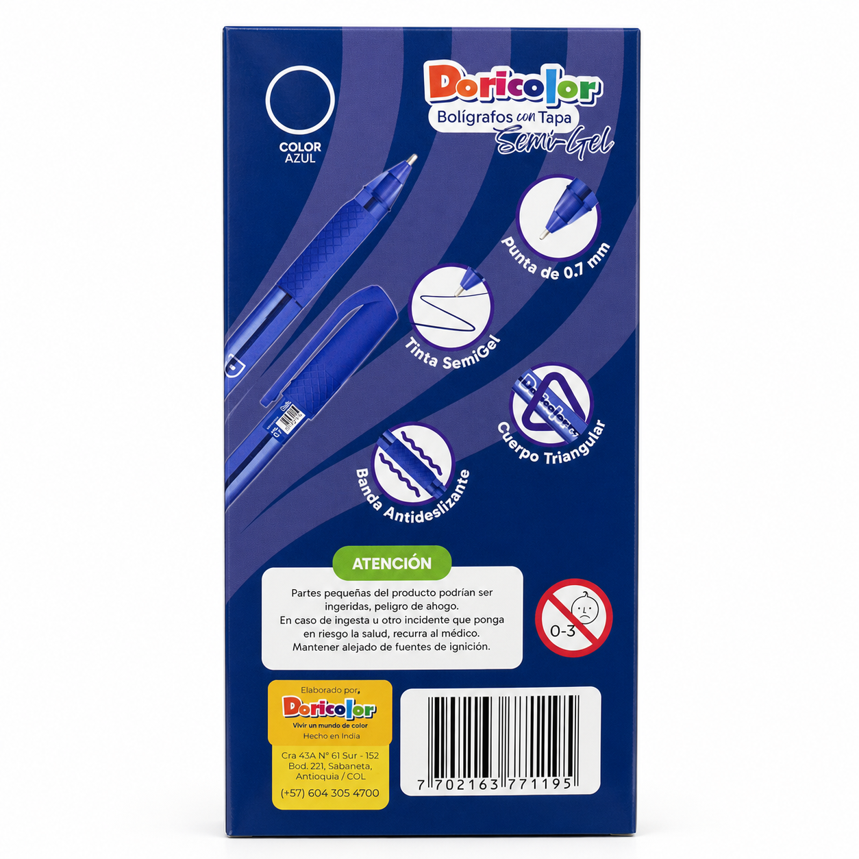 Bolígrafo Doricolor Semi-Gel 0.7 mm azul, caja x 12 unidades