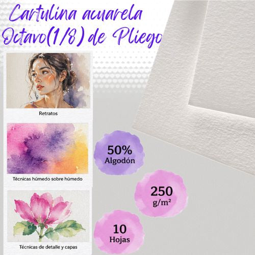 Papel Cartulina Acuarela 1/8 de Pliego 240 gms x 10 hojas Duopapel