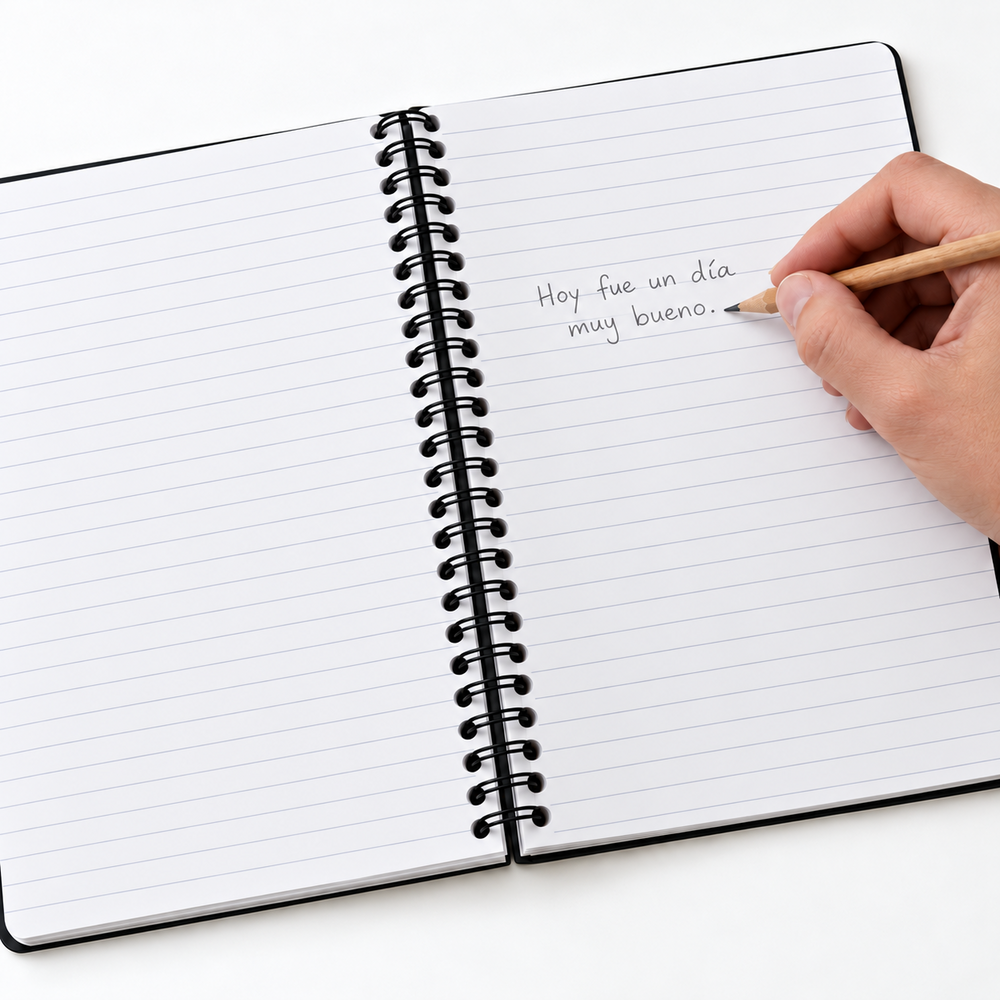 Cuaderno argollado de 80 hojas de línea corriente abierto para apuntes. Imagen de referencia. El diseño de portada puede variar.