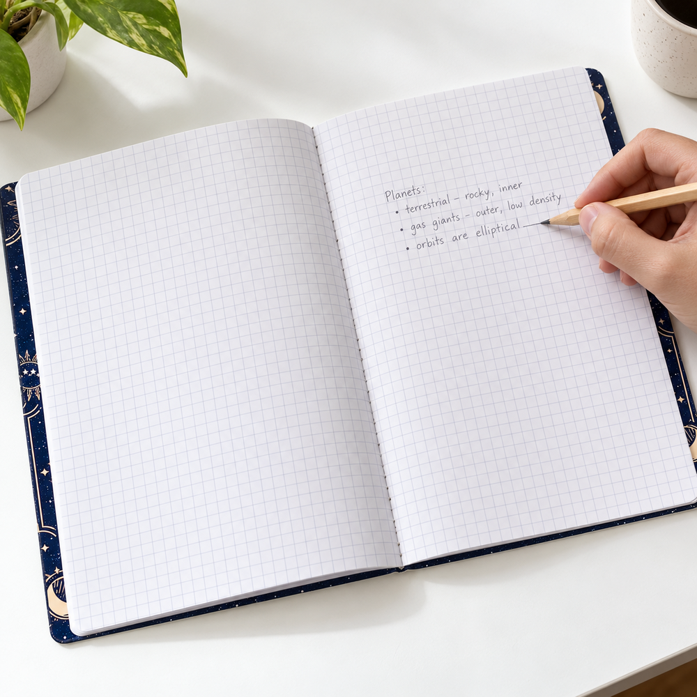 Cuaderno Imágenes cosido y cuadriculado en uso. Imagen de referencia; el diseño de portada puede variar.