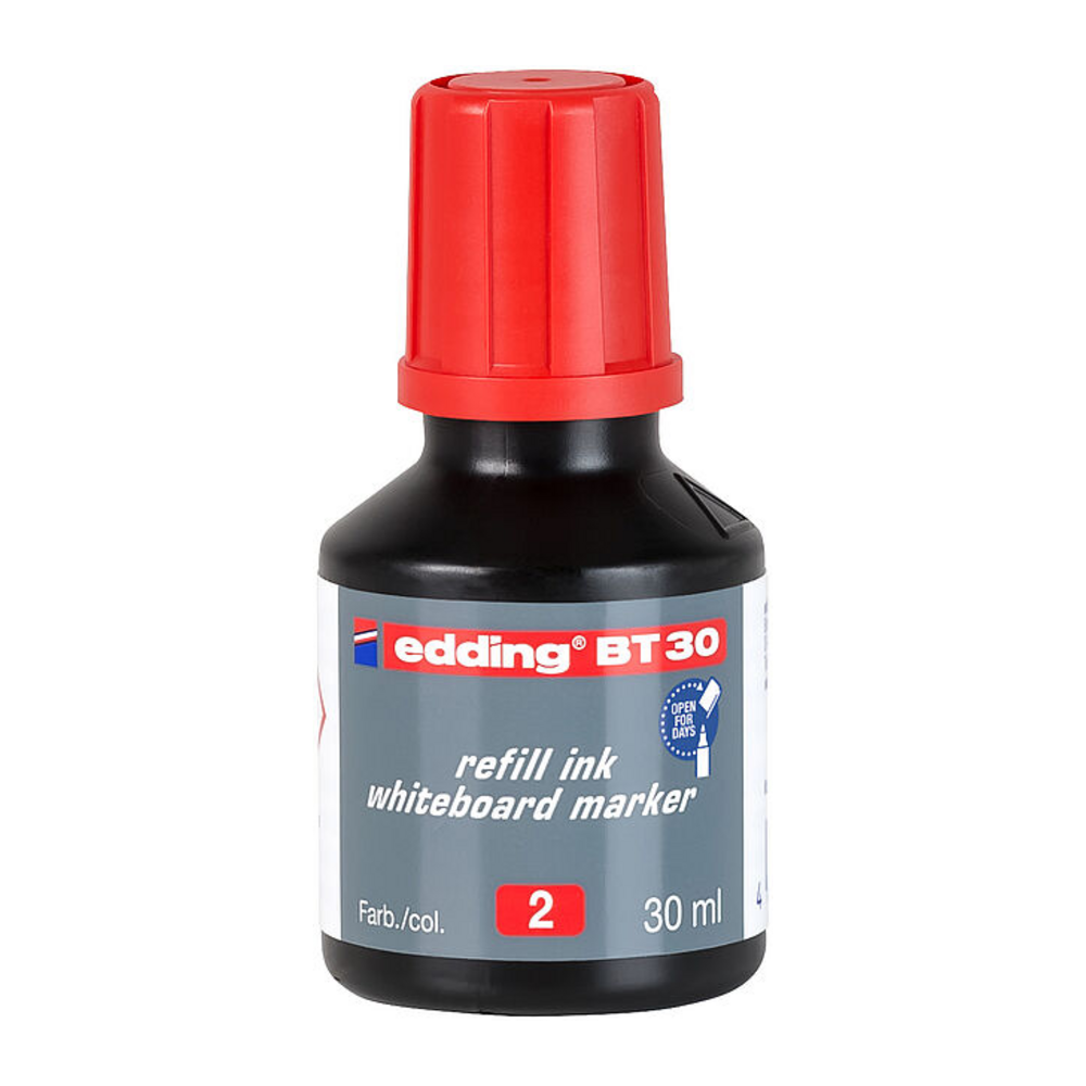 Tinta de recarga edding BT 30 rojo, 30 ml para tablero blanco. Imagen referencial; envase puede variar según región.