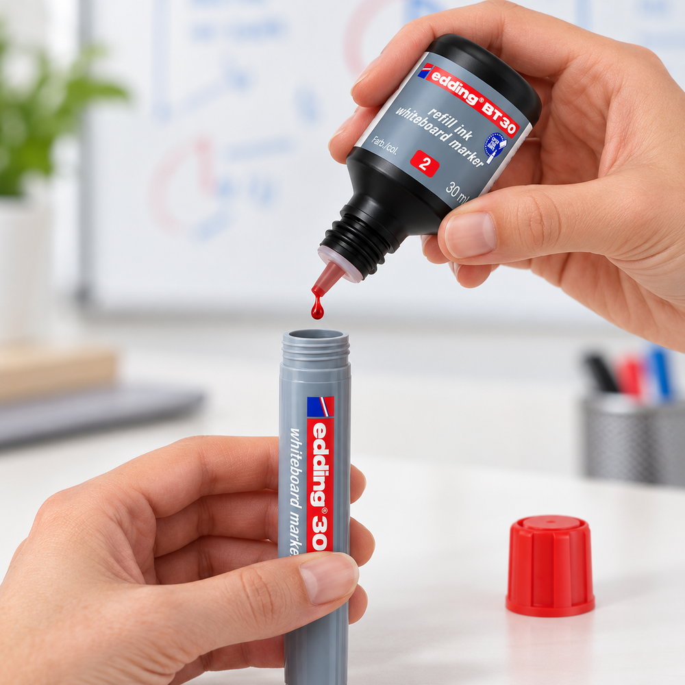 Escena ilustrativa de recarga: Tinta de recarga edding BT 30 rojo, 30 ml para tablero blanco. Marcador no incluido.