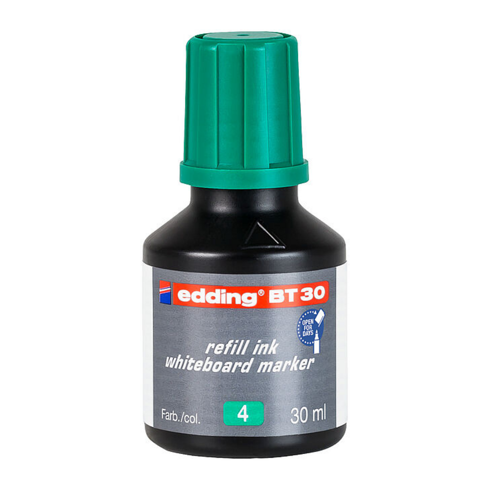 Tinta de recarga edding BT 30 verde, 30 ml para tablero blanco. Imagen referencial; envase puede variar según región.