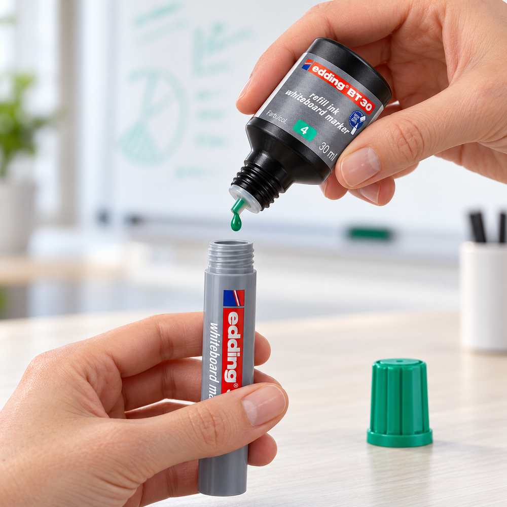 Escena ilustrativa de recarga: Tinta de recarga edding BT 30 verde, 30 ml para tablero blanco. Marcador no incluido.