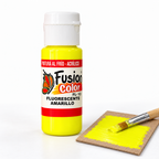 Imagen referencial: pintura acrílica fluorescente Fusion Color amarillo 60 cc, ejemplo de uso sobre cartón