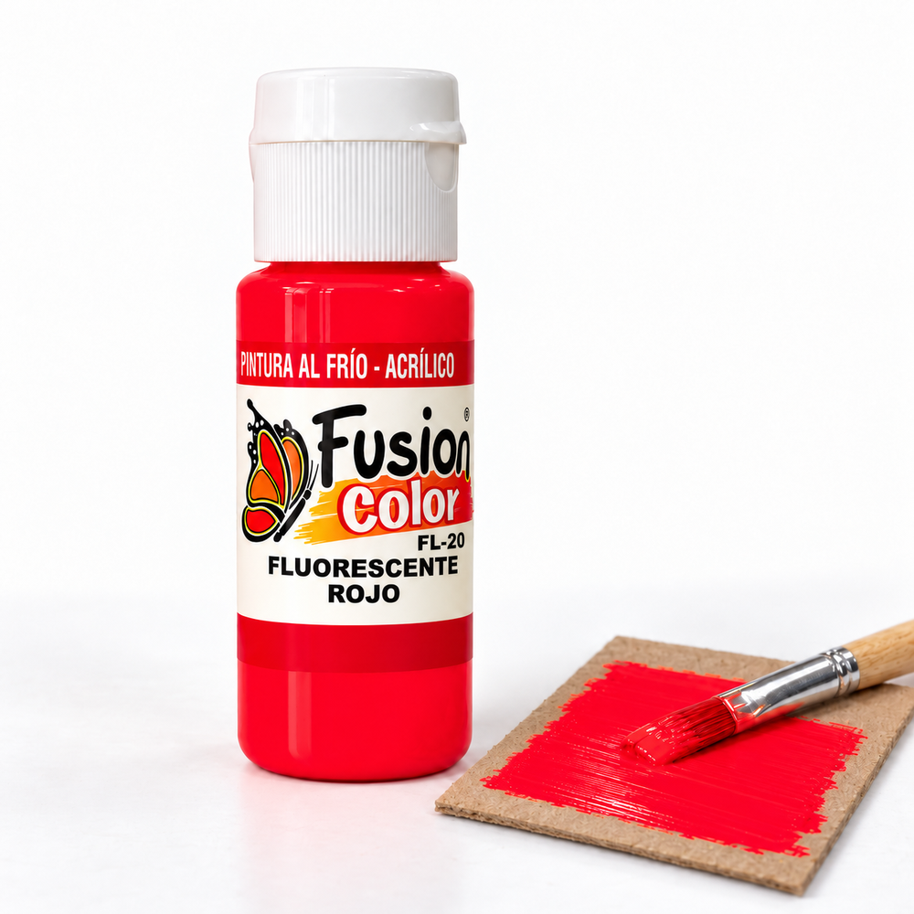 Imagen referencial: Pintura acrílica fluorescente Fusion Color rojo 60 cc, ejemplo de uso sobre cartón