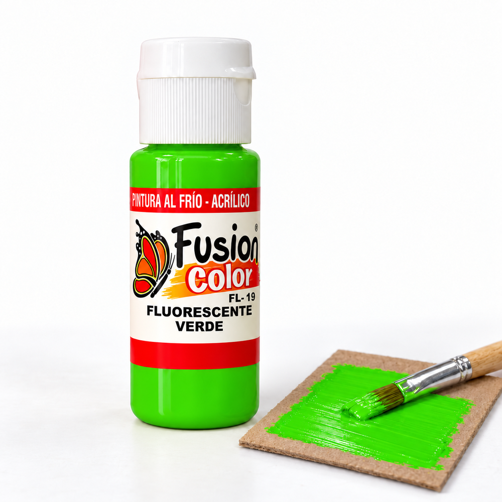 Imagen referencial: pintura acrílica fluorescente Fusion Color verde 60 cc, ejemplo de uso sobre cartón