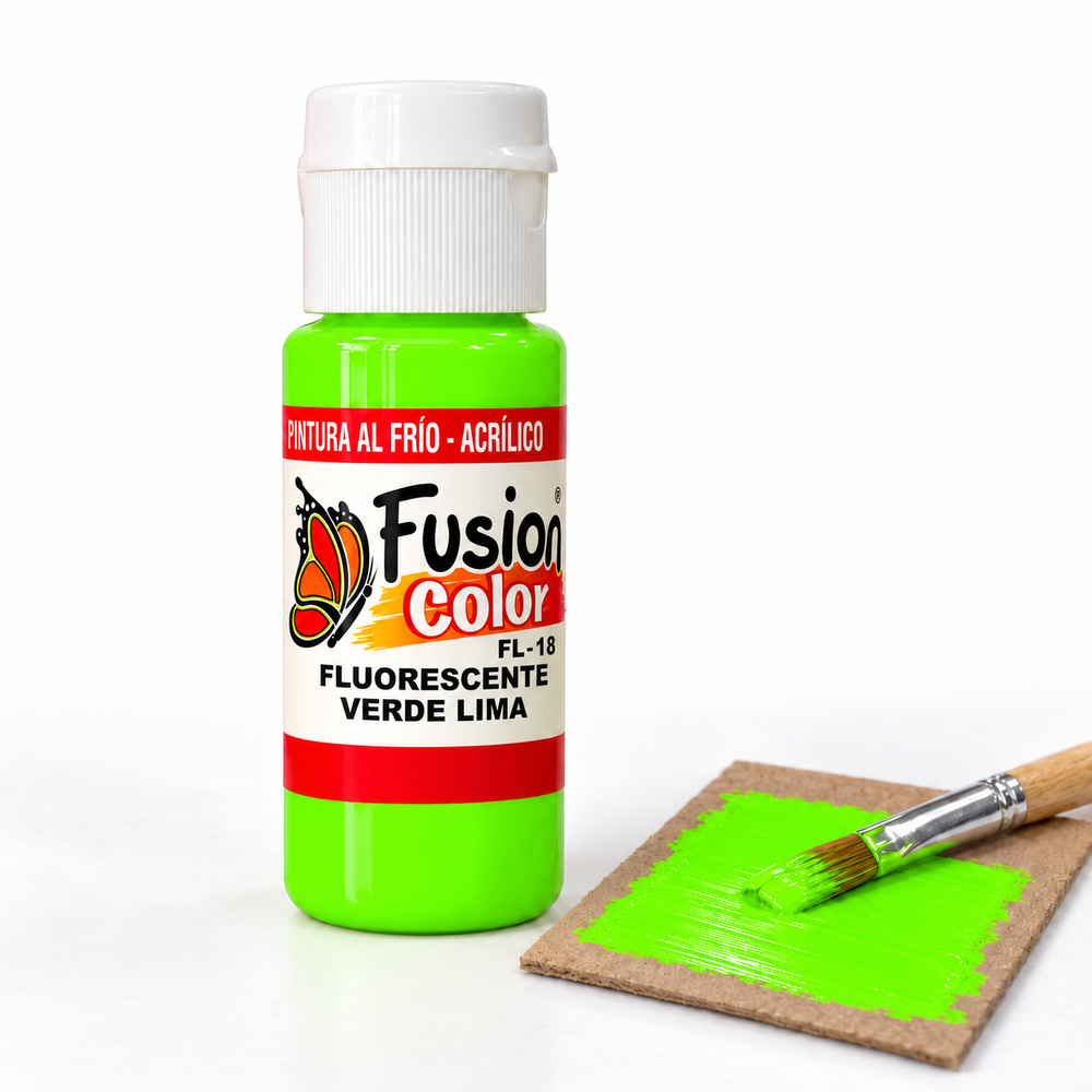 Imagen referencial: pintura acrílica fluorescente Fusion Color verde lima 60 cc, ejemplo de uso sobre cartón