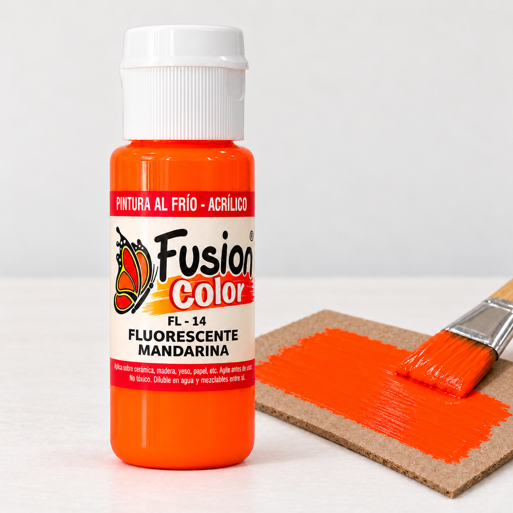 Imagen referencial: Pintura acrílica fluorescente Fusion Color mandarina 60 cc, ejemplo de uso sobre cartón