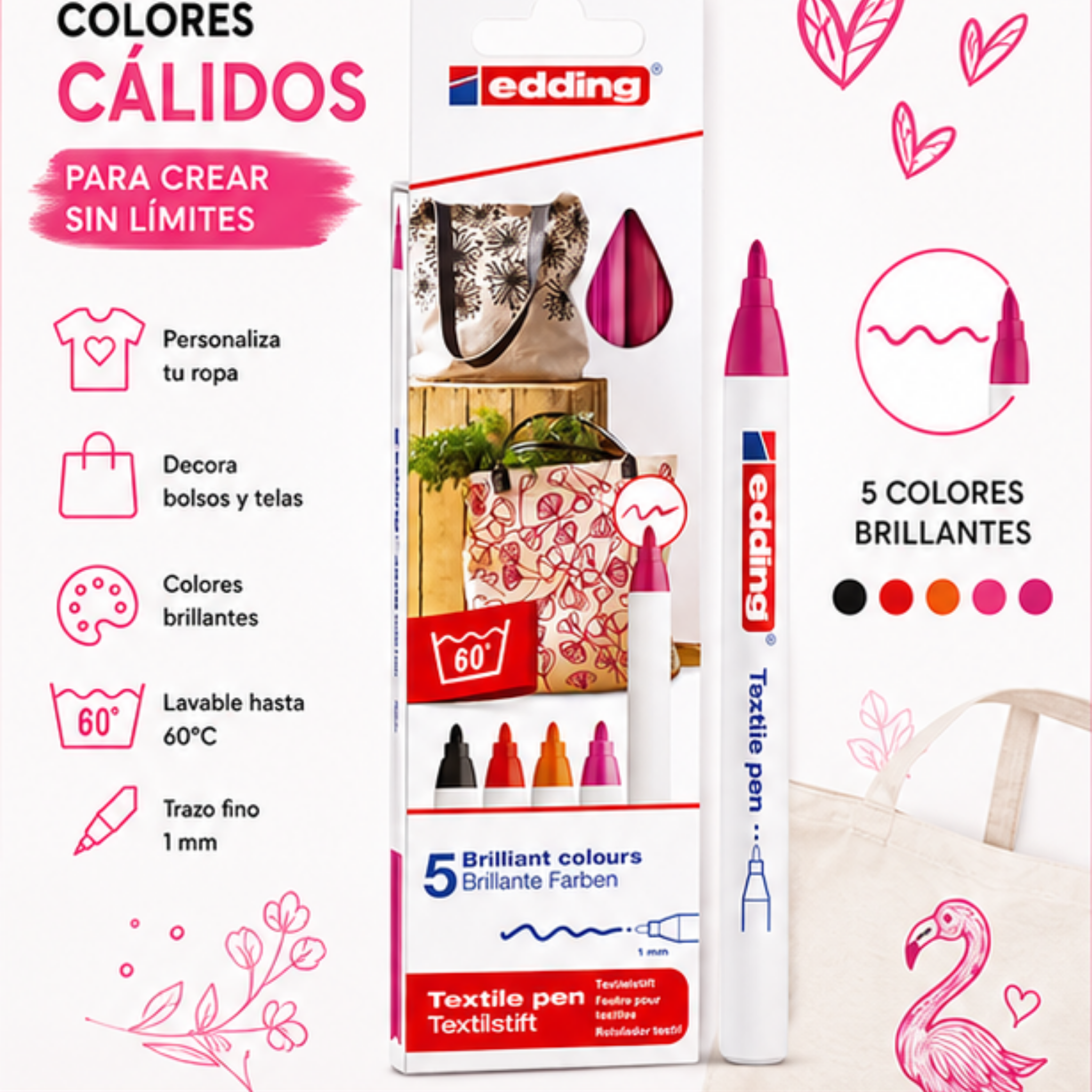 5 Marcadores de Colores Calidos O Rojos Para Tela Edding 4600 Textile Pen - Punta 1mm