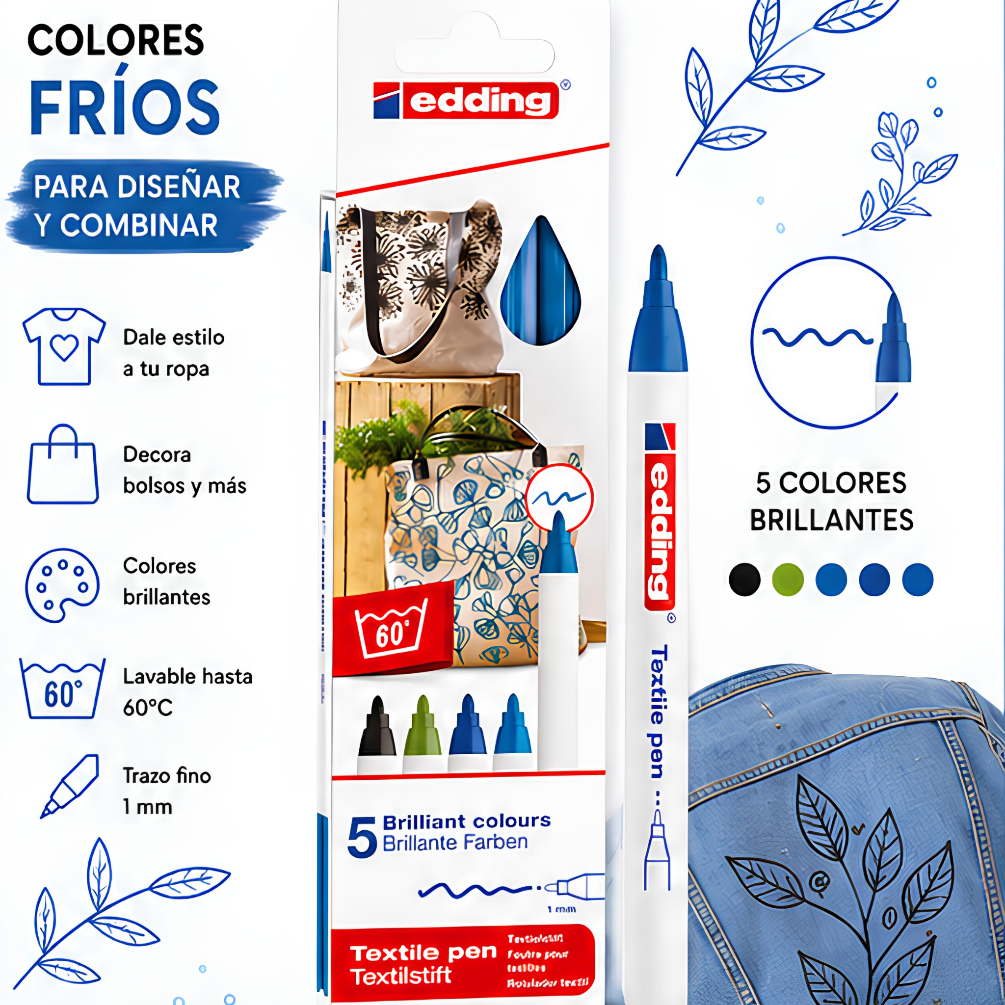 5 Marcadores de Colores Frios Para Tela Edding 4600 Textile Pen - Punta 1mm