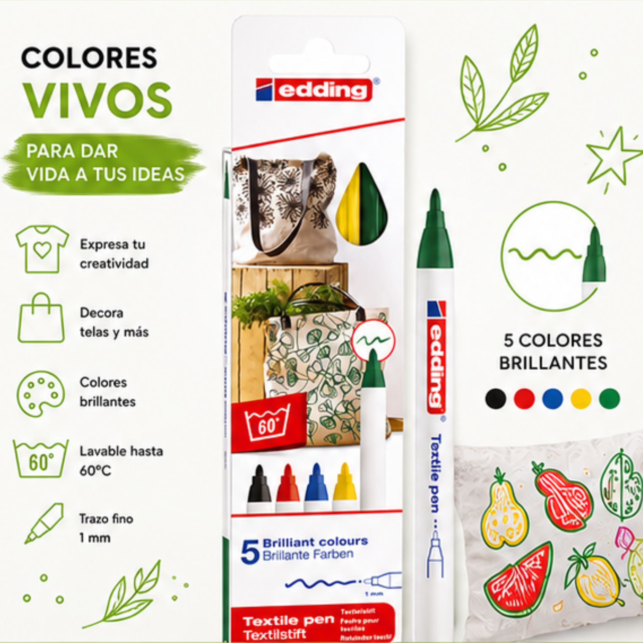 5 Marcadores de Colores Primarios Para Tela Edding 4600 Textile Pen - Punta 1mm
