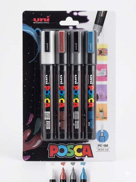 POSCA PC-5M Markers 4-Pen Case – Metallic Blue and Professional Tones Selection