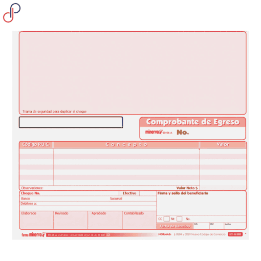 Formato Minerva 20-06A comprobante de egreso cheque autocopiante