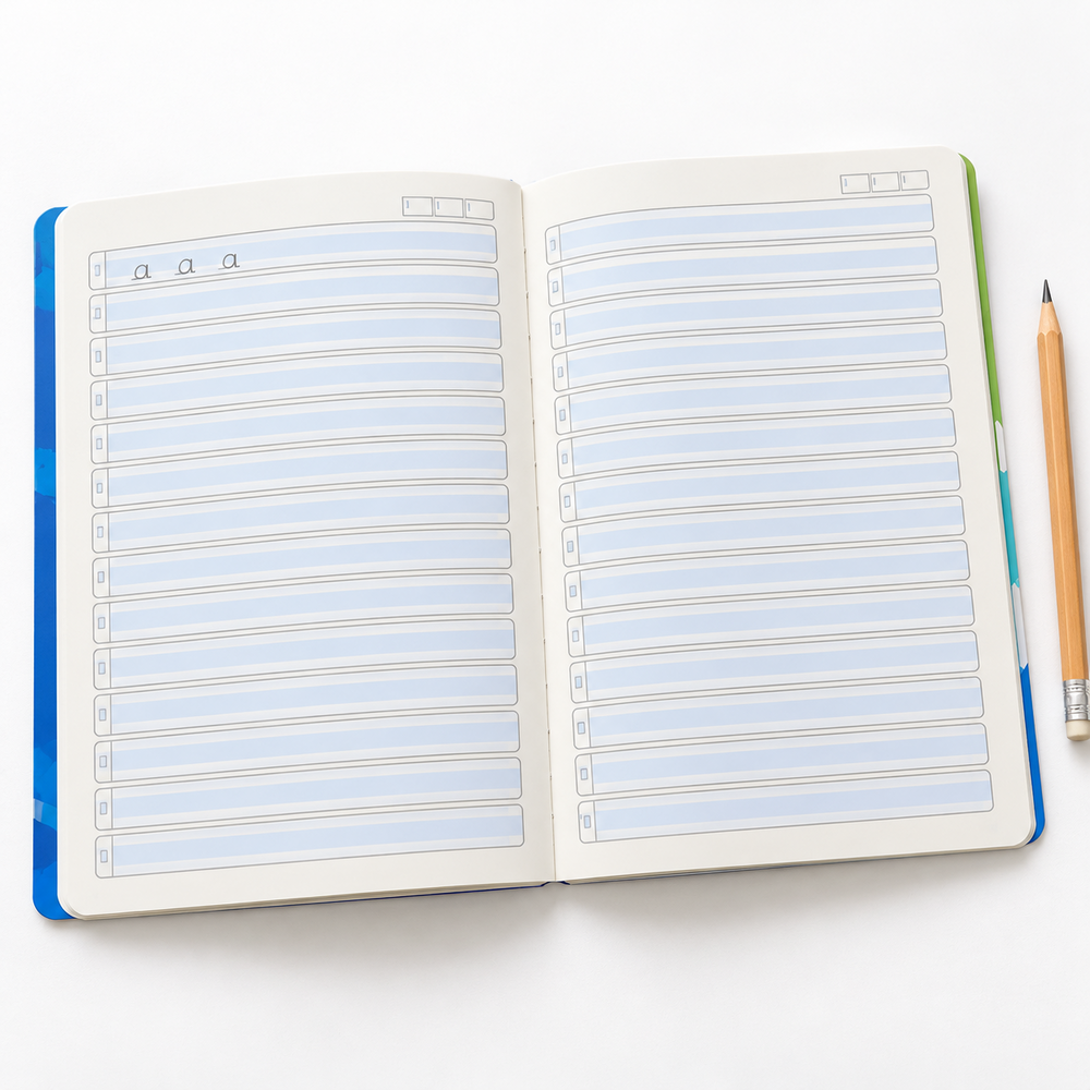 Ejemplo de uso del cuaderno Norma Ferrocarril D con triple renglón. Imagen de referencia. El diseño de portada puede variar. Lápiz no incluido.