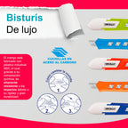 Características oficiales del bisturí Offi-Esco OE-110: cuerpo ABS y cuchilla de acero al carbono
