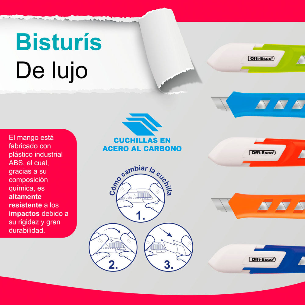 Características oficiales del bisturí Offi-Esco OE-110: cuerpo ABS y cuchilla de acero al carbono