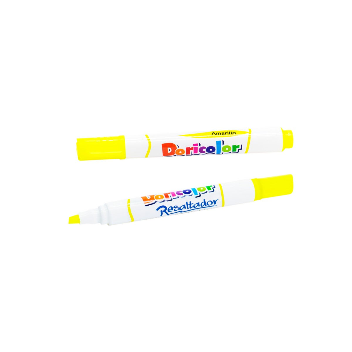 Resaltador grueso Doricolor amarillo de punta biselada, 1 unidad; una unidad, vistas abierto y cerrado