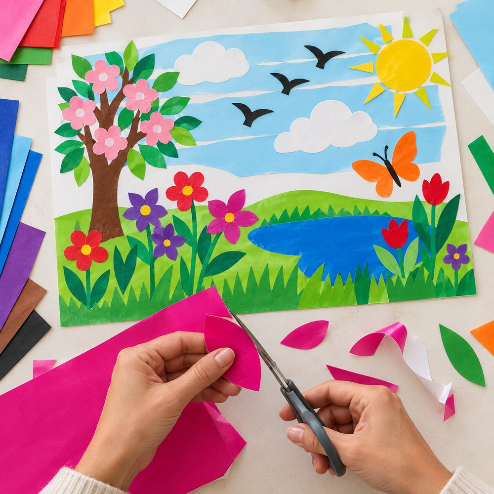 Ejemplo ilustrativo de uso: recorte y collage con papel silueta de varios colores. Imagen generada; herramientas y otros materiales no incluidos.