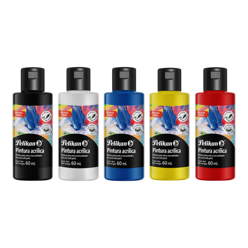 Set de cinco pinturas acrílicas Pelikan, 60 ml cada una: negro, blanco, azul, amarillo y rojo. Composición de fotografías oficiales sobre fondo blanco.