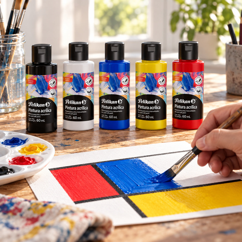 Set de cinco pinturas acrílicas Pelikan de 60 ml en una mesa de pintura: ejemplo ilustrativo de uso generado con IA.