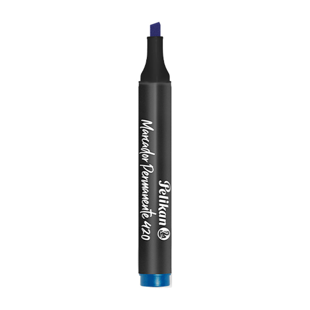 Marcador permanente Pelikan 420 azul, punta biselada, por unidad. Fotografía oficial sobre fondo blanco.