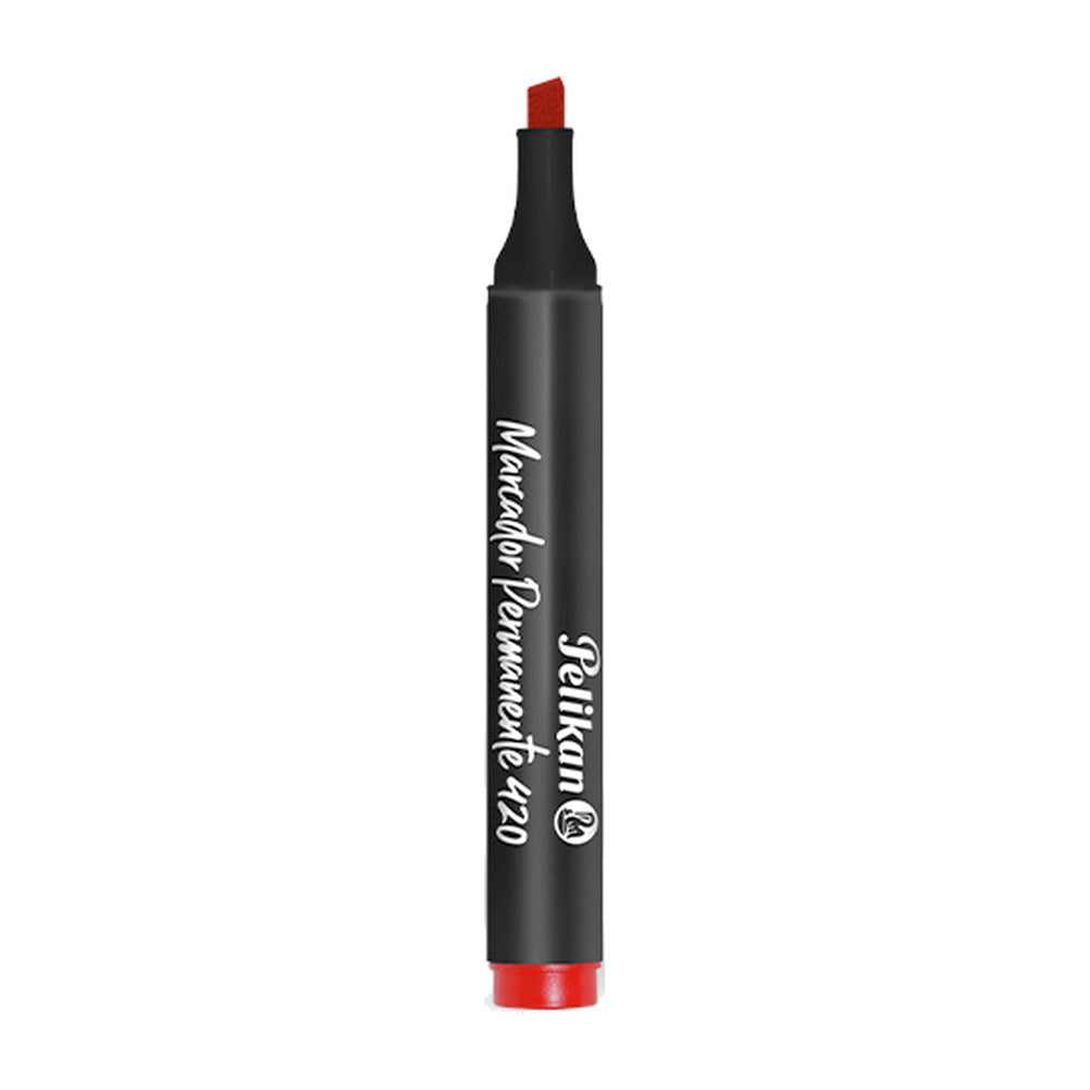 Marcador permanente Pelikan 420 rojo, punta biselada, por unidad. Fotografía oficial sobre fondo blanco.