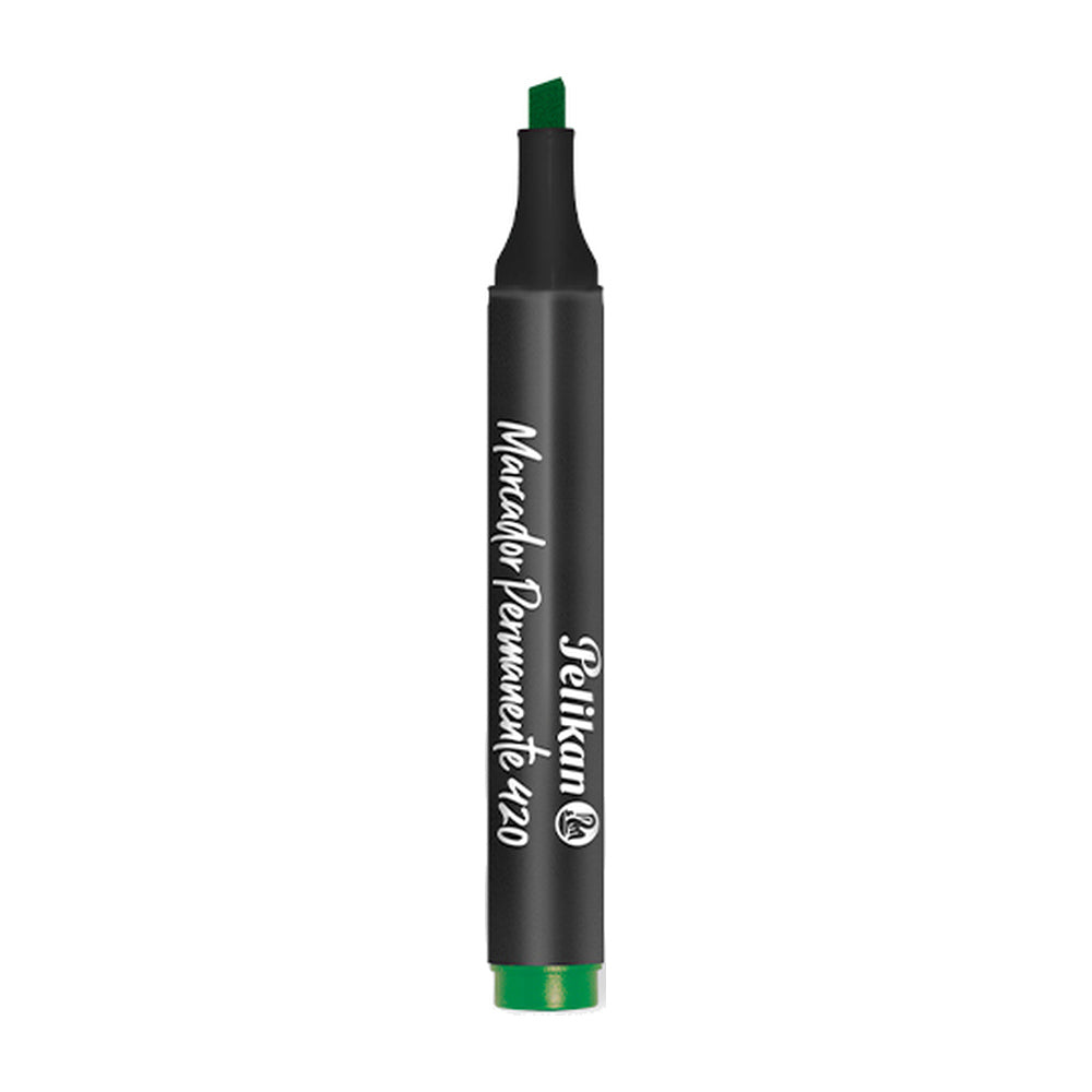 Marcador permanente Pelikan 420 verde, punta biselada, por unidad. Fotografía oficial sobre fondo blanco.