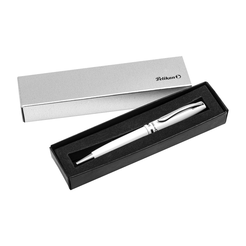 Bolígrafo Pelikan Jazz Elegance Blanco de Tinta Negra. Fotografía oficial sobre fondo blanco.