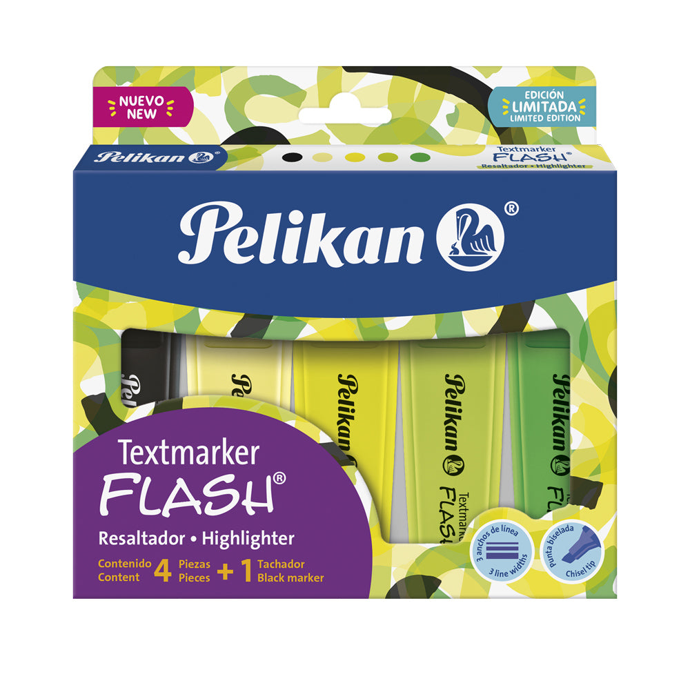 Set Pelikan Textmarker Flash Citrus: cuatro resaltadores y un tachador negro. Fotografía oficial sobre fondo blanco.