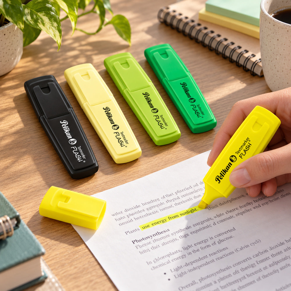 Set Pelikan Textmarker Flash Citrus de cuatro resaltadores y un tachador negro sobre una mesa de estudio. Ejemplo ilustrativo de uso generado con IA.