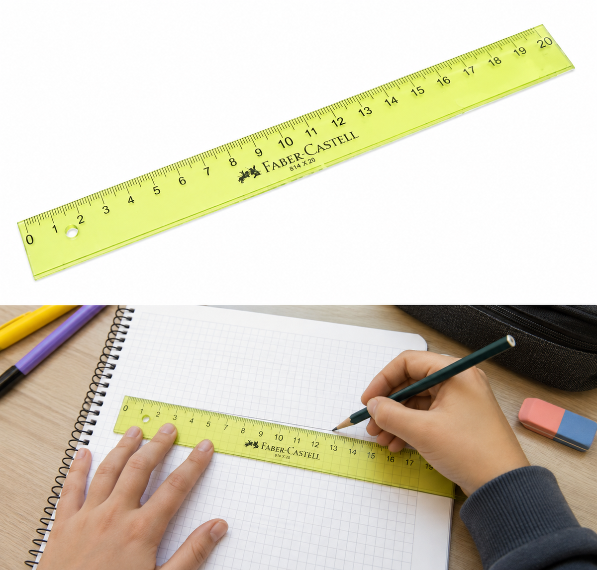Uso de la regla Faber-Castell 814 de 20 cm para trazar una línea recta en un cuaderno