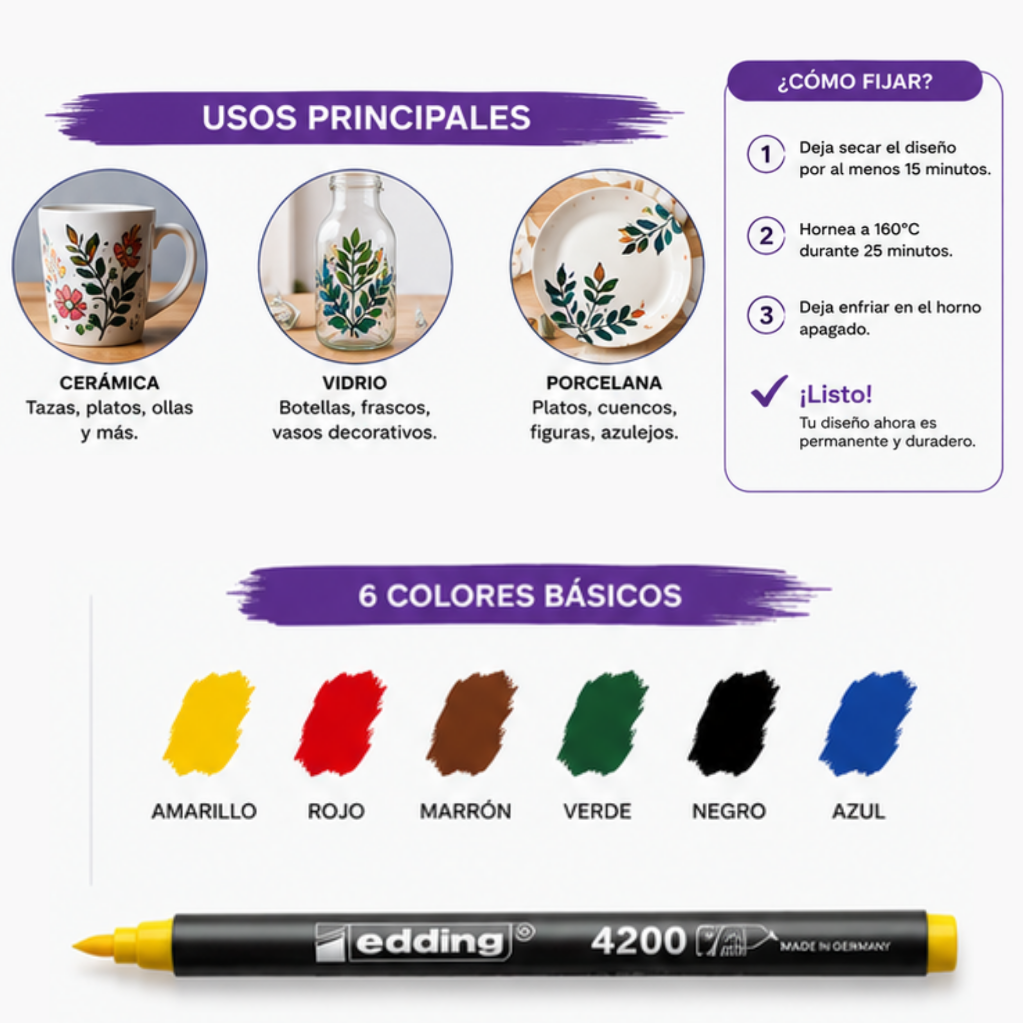 Juego de 6 Rotuladores o Marcadores para Porcelana edding 4200| Punta de Pincel (1-4 mm) para Pintar Cerámica, Cristal y Vidrio |Colores Surtidos Básicos