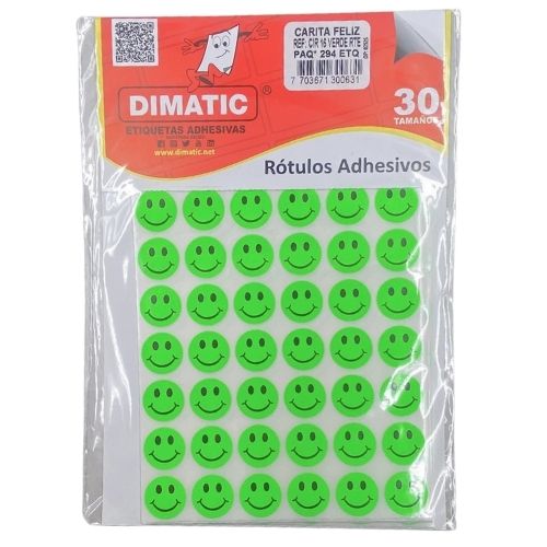 Rotulos circulos carita feliz verde fluorescente dimatic 294 etiquetas 16 mm