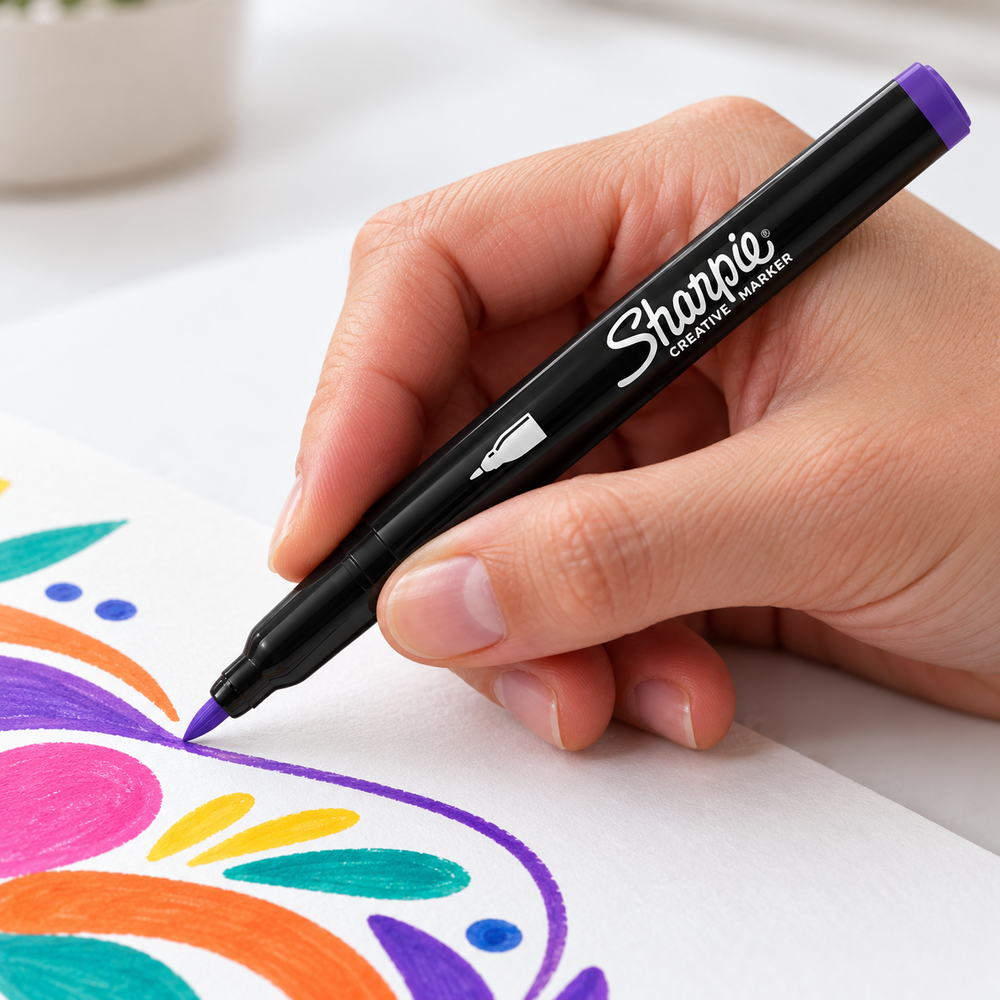 Imagen de uso referencial generada con IA: marcador Sharpie Creative de punta fina realizando detalles de color.