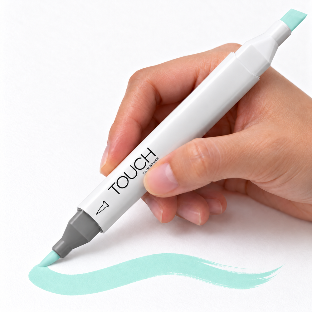 Imagen referencial de uso del marcador ShinHan TOUCH TWIN BRUSH B143 MINT BLUE, cuerpo blanco y doble punta pincel y cincel. Presentación por unidad.