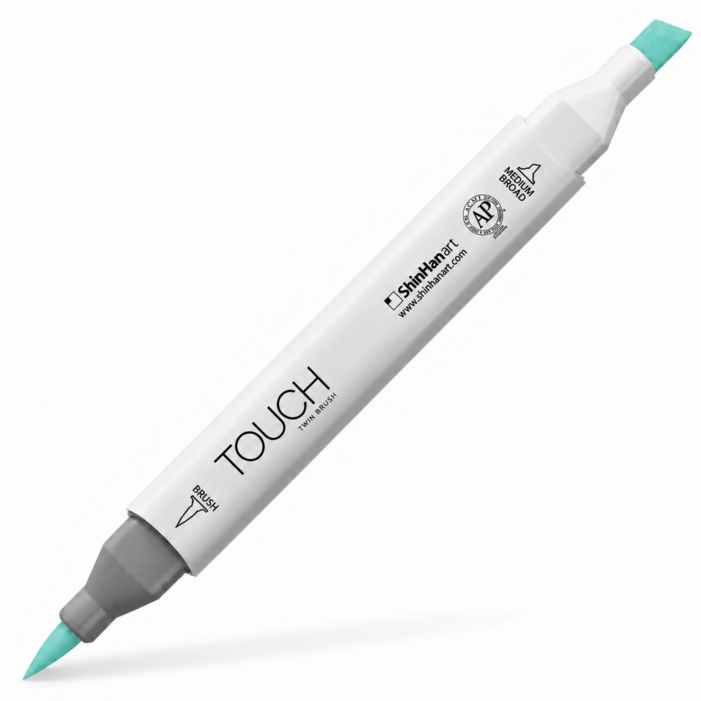 Imagen referencial del marcador ShinHan TOUCH TWIN BRUSH B68 TURQUOISE BLUE, cuerpo blanco y doble punta pincel y cincel. Presentación por unidad.
