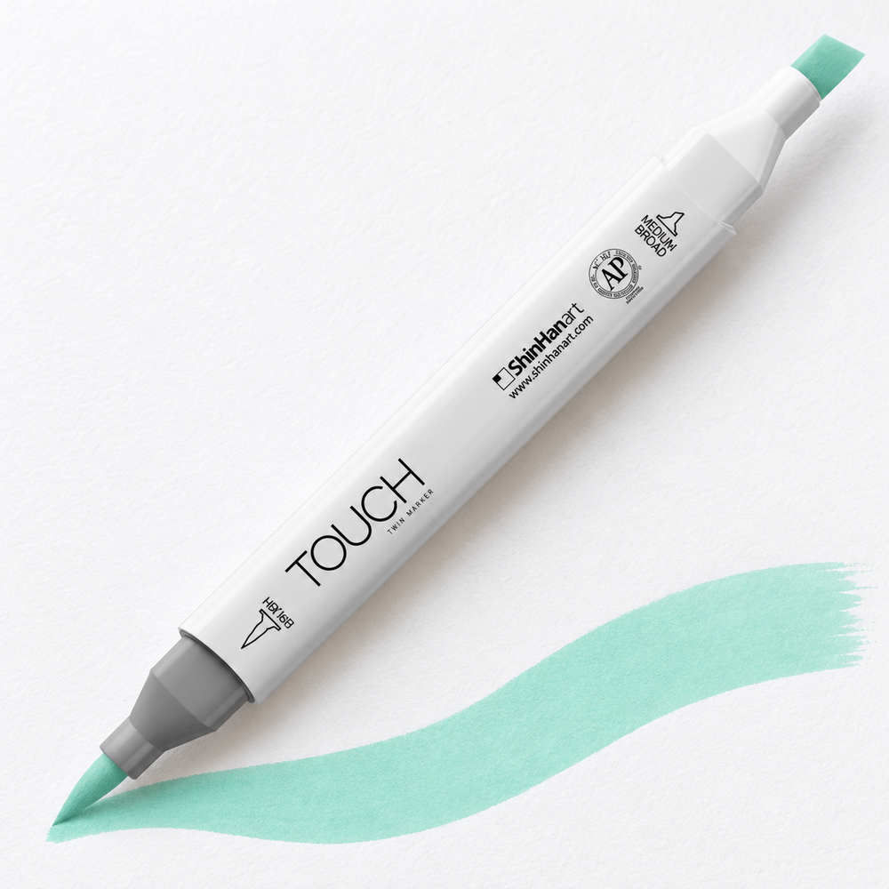 Imagen referencial de uso ShinHan TOUCH TWIN BRUSH BG179 AQUA MINT, cuerpo blanco y doble punta pincel y cincel. Presentación por unidad.