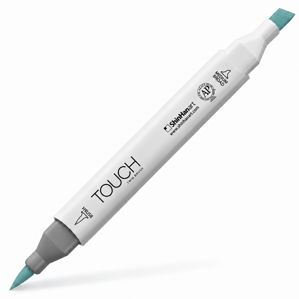 Imagen referencial del marcador ShinHan TOUCH TWIN BRUSH BG251 VERONA BLUE, cuerpo blanco y doble punta pincel y cincel. Presentación por unidad.