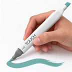Imagen referencial de uso del marcador ShinHan TOUCH TWIN BRUSH BG251 VERONA BLUE, cuerpo blanco y doble punta pincel y cincel. Presentación por unidad.