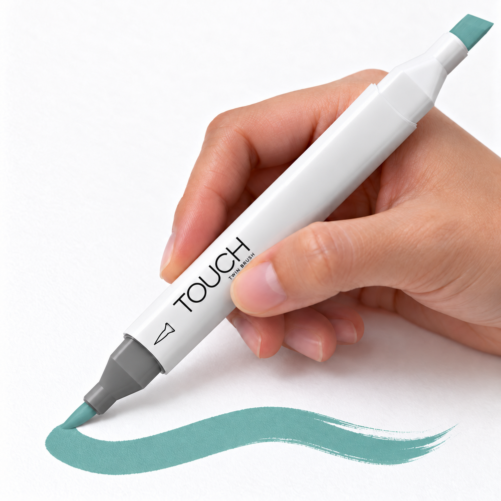 Imagen referencial de uso del marcador ShinHan TOUCH TWIN BRUSH BG251 VERONA BLUE, cuerpo blanco y doble punta pincel y cincel. Presentación por unidad.