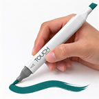 Imagen referencial de uso del marcador ShinHan TOUCH TWIN BRUSH BG50 FOREST GREEN, cuerpo blanco y doble punta pincel y cincel. Presentación por unidad.