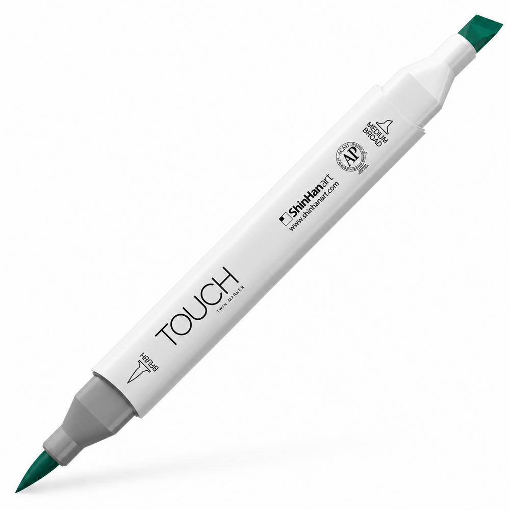 Imagen referencial del marcador ShinHan TOUCH TWIN BRUSH BG52 DEEP GREEN, cuerpo blanco y doble punta pincel y cincel. Presentación por unidad.