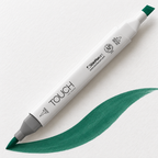 Imagen referencial de uso ShinHan TOUCH TWIN BRUSH BG52 DEEP GREEN, cuerpo blanco y doble punta pincel y cincel. Presentación por unidad.